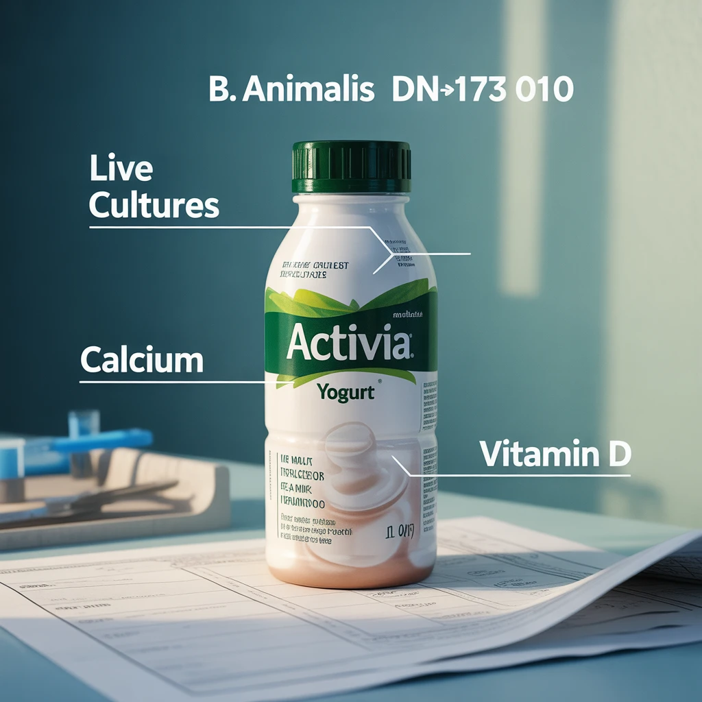 Activia probiotic yogurt bottle with labeled benefits: B. animalis DN‑173 010, live cultures, calcium, and vitamin D