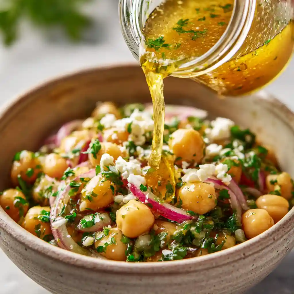 Pouring lemon vinaigrette over a Mediterranean chickpea salad.