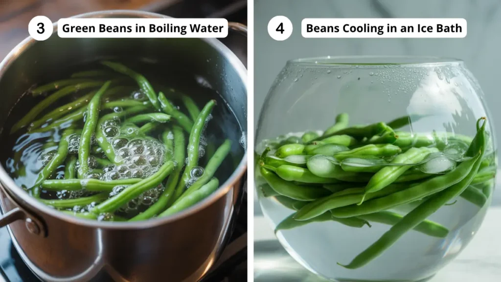 Step-by-step image showing green beans boiling in water and cooling in an ice bath for Panda Express string bean chicken recipe