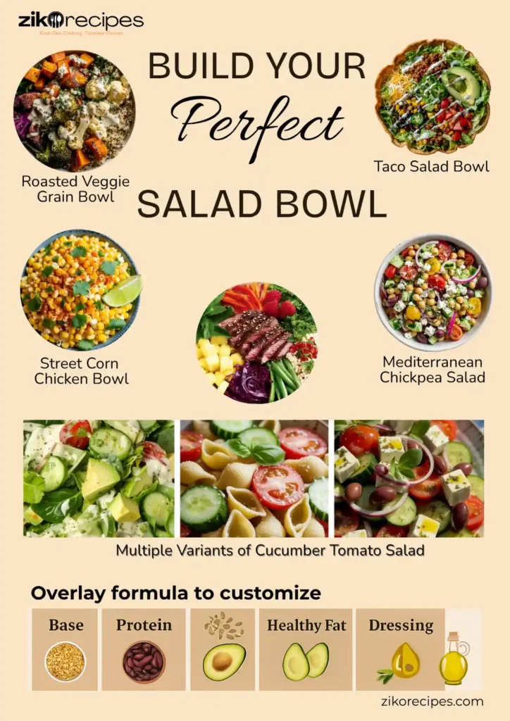 Visual guide showing five salad bowl variations including taco, chickpea, corn, roasted veggie, and cucumber-tomato, with a customization formula.