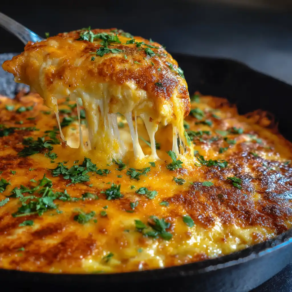 Spoon lifting a serving of cheesy Tex-Mex chicken and rice from a cast iron skillet, topped with melted cheddar and fresh herbs