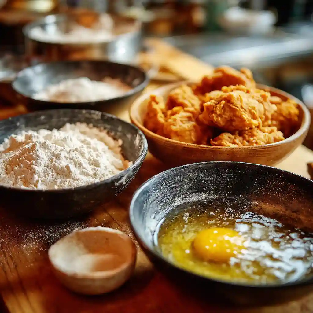 Text: Three-bowl dredging station showing flour mix, beaten egg, and battered chicken cubes ready to fry.