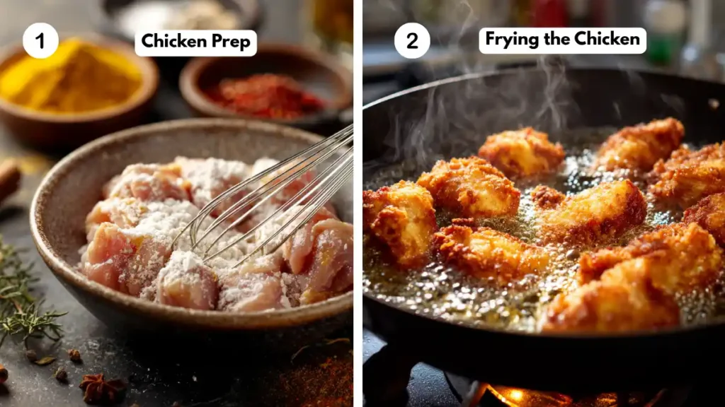 Chicken coated in flour and frying in oil for copycat orange chicken recipe