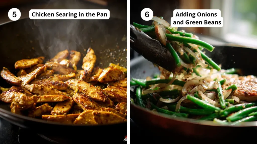 Chicken searing in a hot pan and green beans with onions being added for string bean chicken Panda Express copycat stir-fry