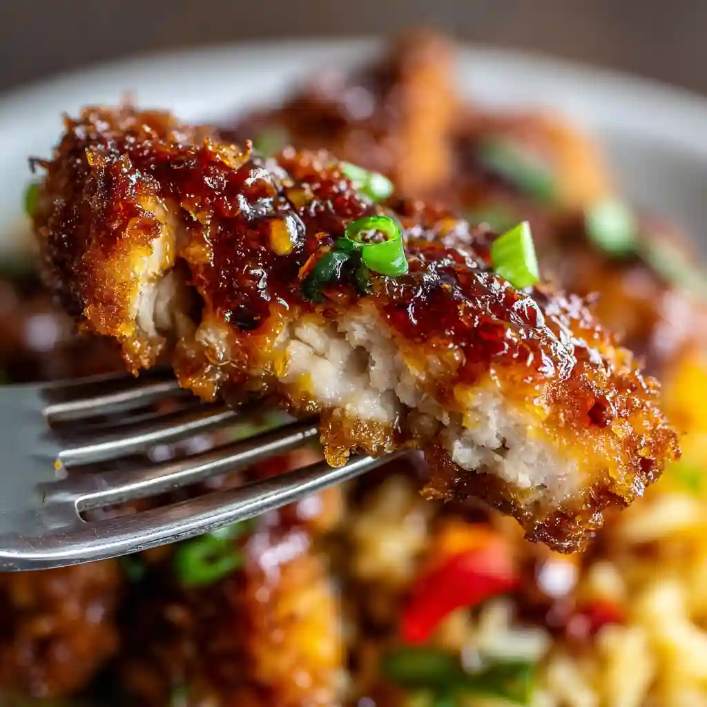 Crispy glazed SweetFire Chicken held on a fork, showing juicy interior and crunchy coating with chopped green onions on top.
