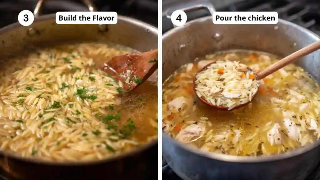 Two images showing orzo simmering in broth with herbs, and a ladle scooping orzo with chicken and vegetables from a pot
