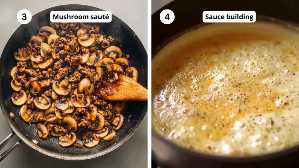Two-step cooking process: ground beef and mushrooms sautéing in a pan, and creamy stroganoff sauce simmering with black pepper in a saucepan
