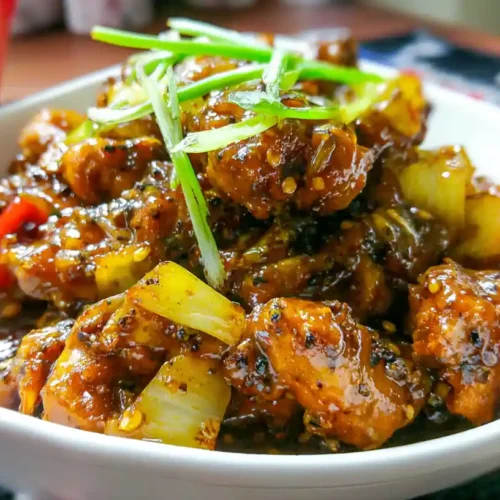 Black pepper chicken with celery and rice on white plate