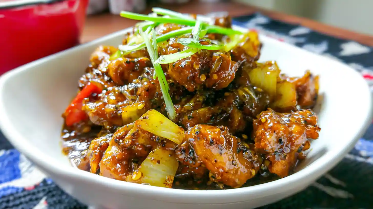 Black pepper chicken with celery and rice on white plate