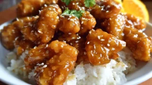 Plated copycat orange chicken over rice with chopsticks
