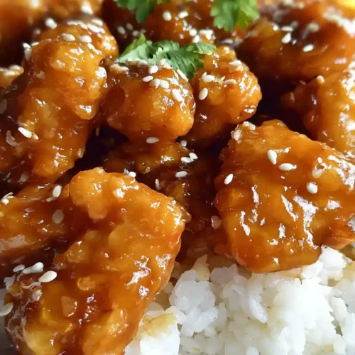 Plated copycat orange chicken over rice with chopsticks