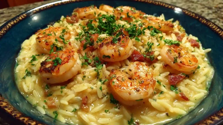 Close-up of creamy garlic shrimp orzo topped with fresh parsley, served in a dark bowl