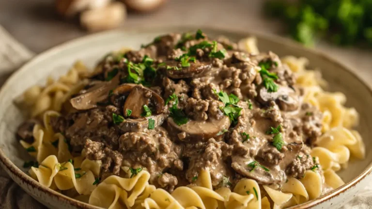 A close-up of creamy ground beef stroganoff with sautéed mushrooms and fresh parsley served over egg noodles on a rustic ceramic plate