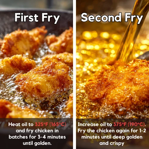 Side-by-side images showing crispy chicken frying at 325°F for the first fry and at 375°F for the second fry to achieve deep golden crispiness.