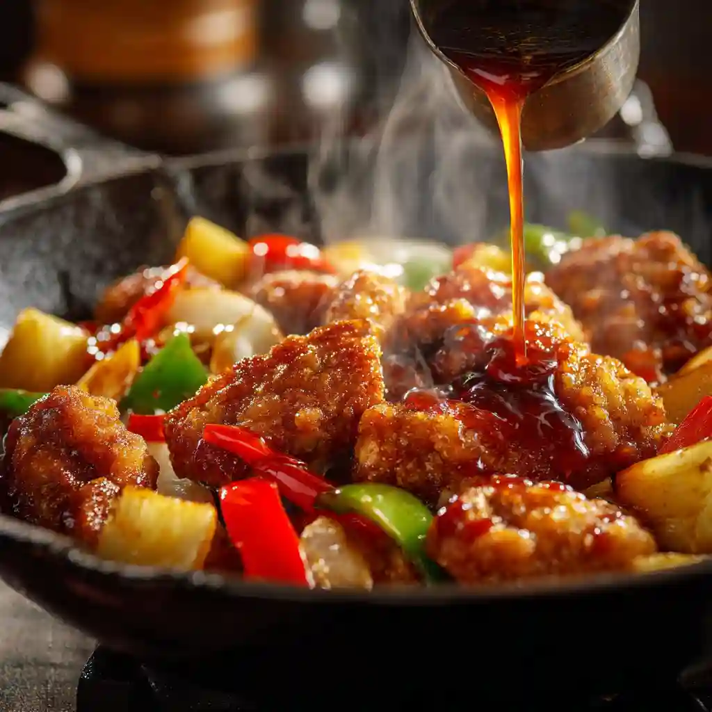 Glossy sweet chili sauce being drizzled over crispy golden chicken in a wok with sautéed vegetables.
