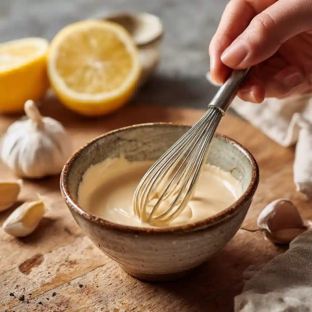 Creamy tahini sauce being whisked in a bowl.