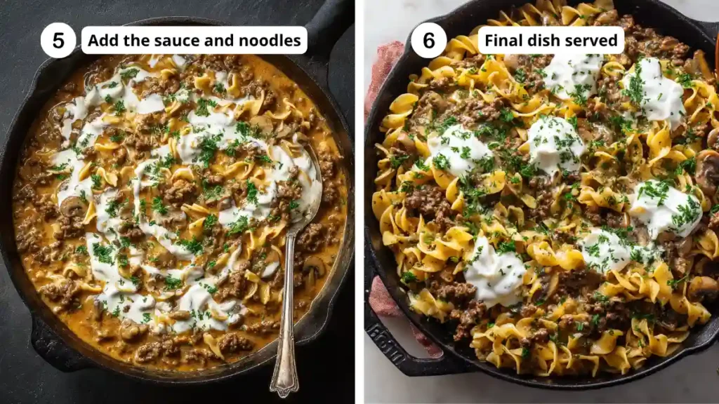 Two-step cooking process: creamy ground beef stroganoff in a skillet being mixed with noodles and finished with sour cream, followed by the final plated dish garnished with parsley