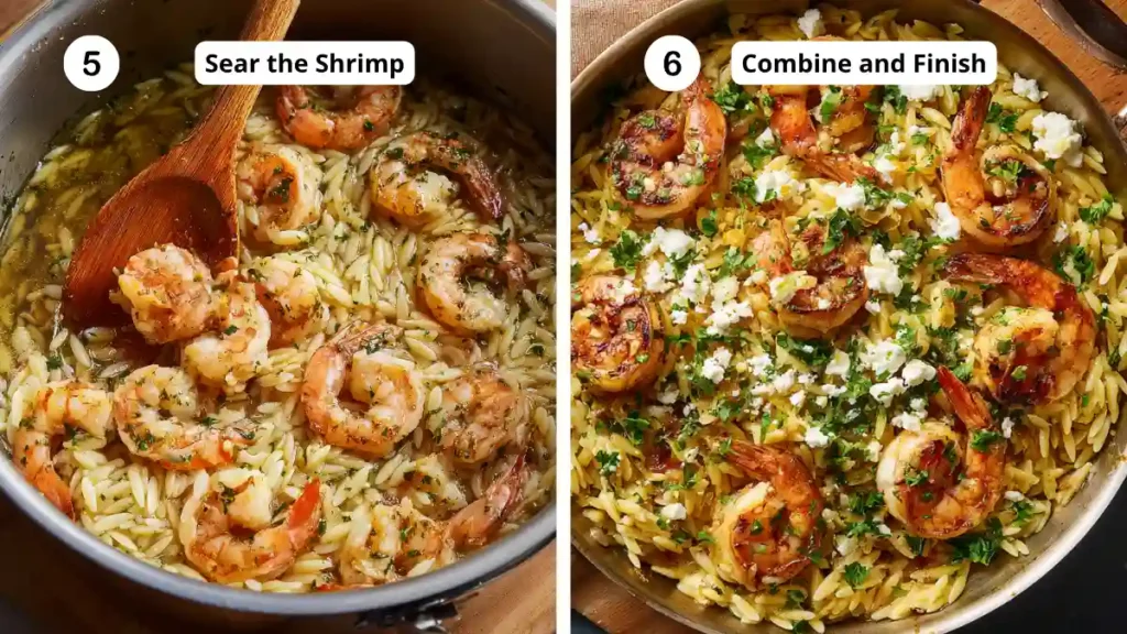 Two images: shrimp searing in creamy orzo with herbs, and finished dish topped with feta and parsley in a skillet