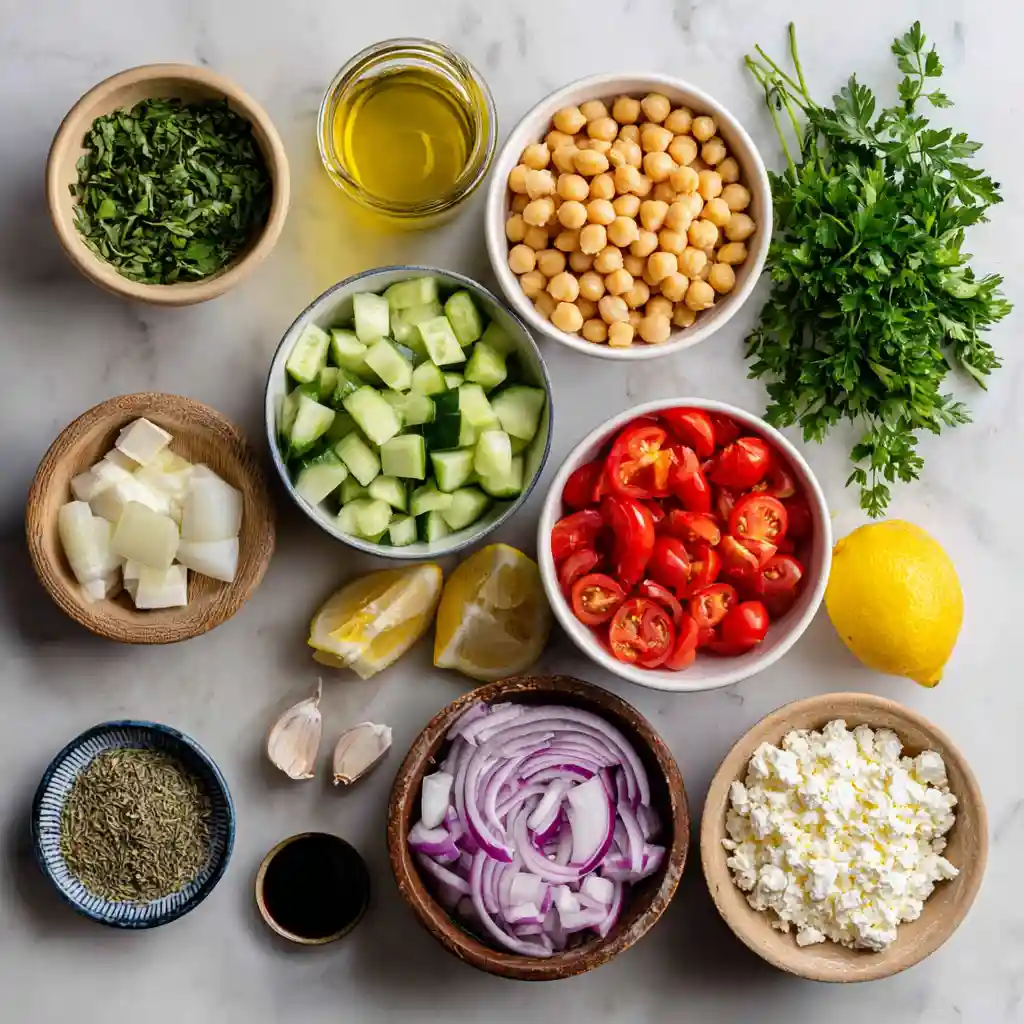 Ingredients laid out for making a Mediterranean chickpea salad.