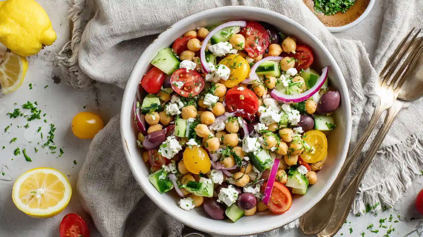 Mediterranean chickpea salad with tomatoes, cucumber, feta, and herbs.