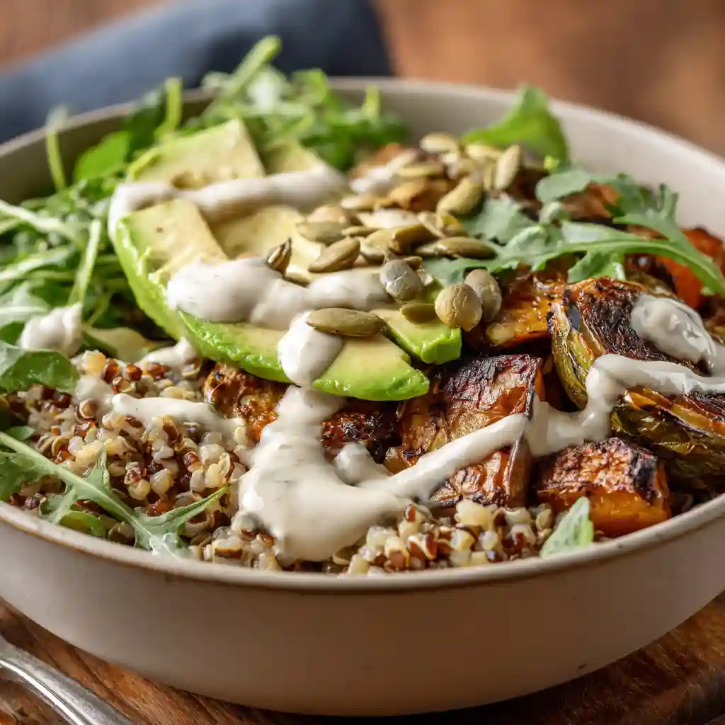 Finished grain bowl with roasted vegetables and creamy tahini sauce.