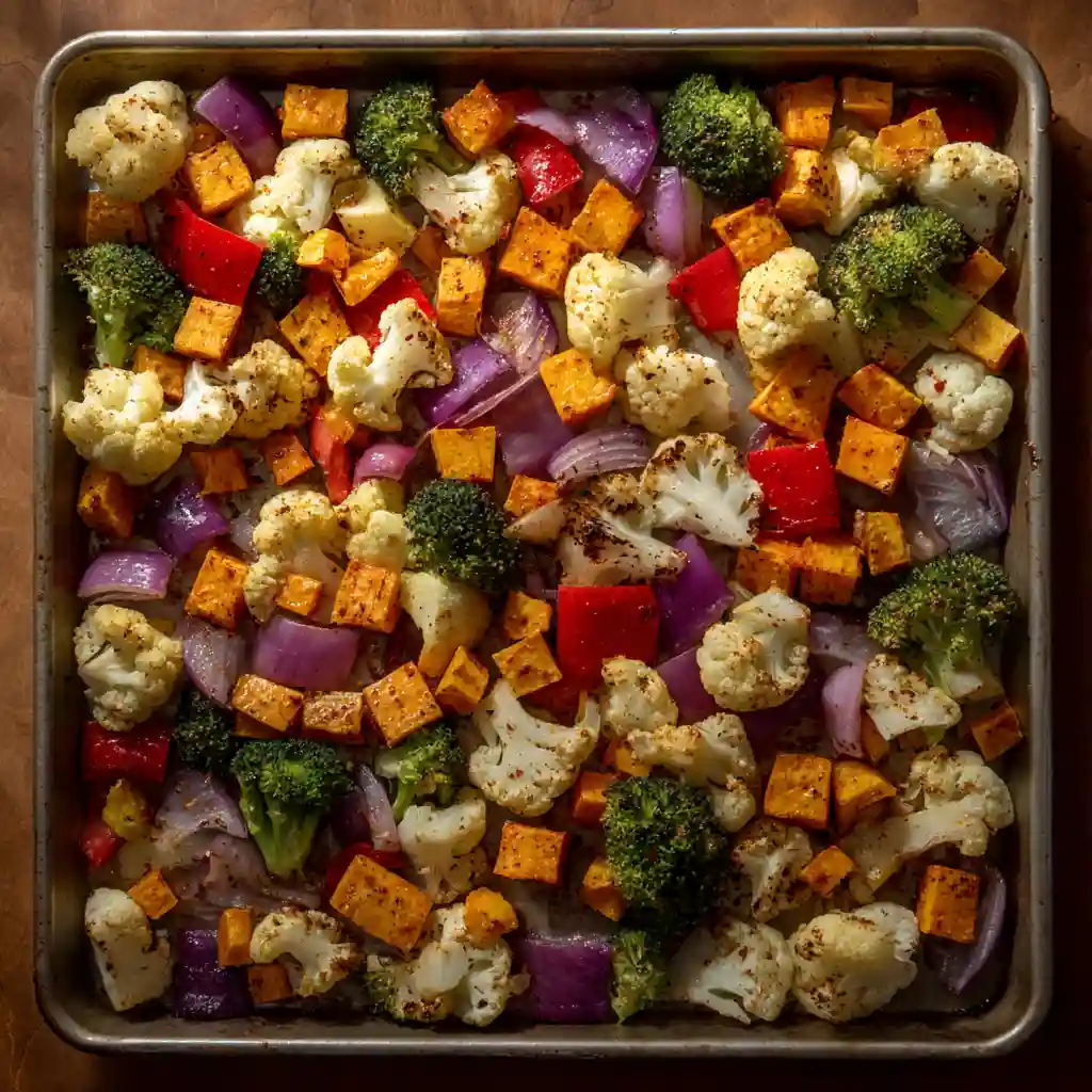 Vegetables roasting on a sheet pan for a grain bowl.
