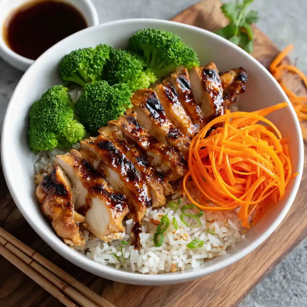 Grilled teriyaki chicken rice bowl with broccoli