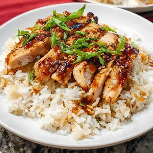 Grilled teriyaki chicken with sauce over rice and green onions