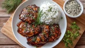 Grilled teriyaki chicken served with rice and sesame seeds