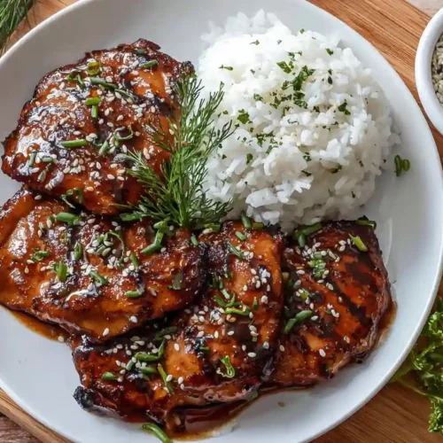 Grilled teriyaki chicken served with rice and sesame seeds