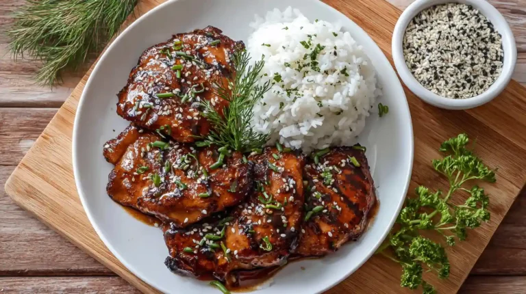 Grilled teriyaki chicken served with rice and sesame seeds