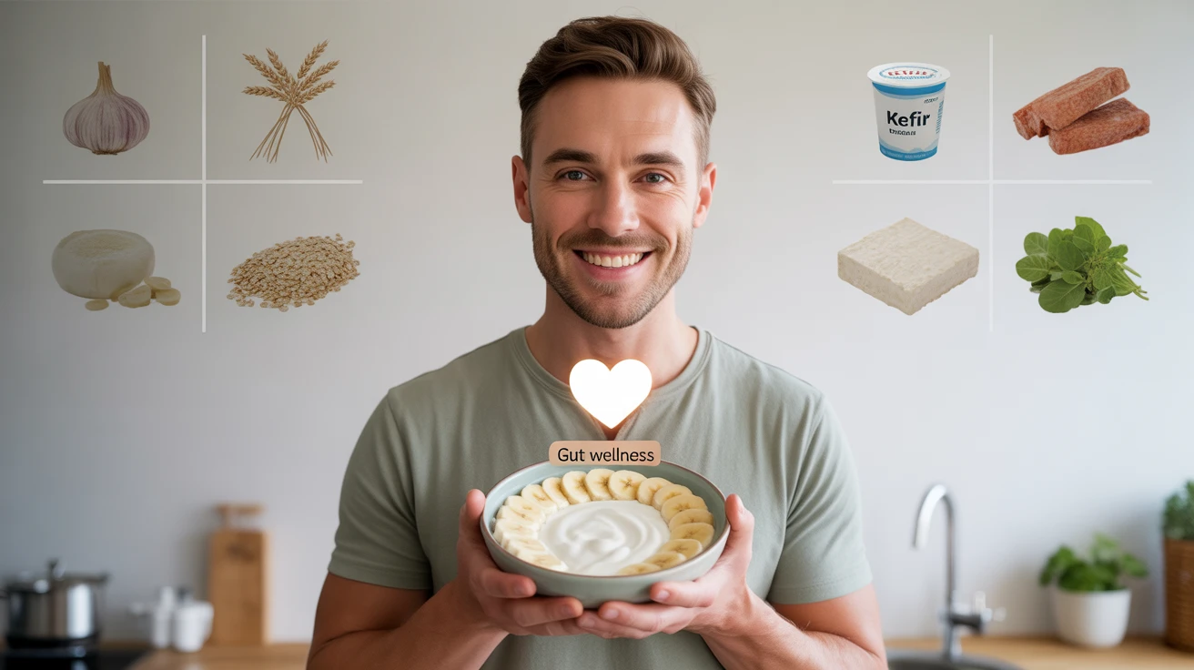 Smiling man holding a bowl of yogurt and banana with gut-friendly food icons like garlic, oats, kefir, tempeh, and tofu in the background.