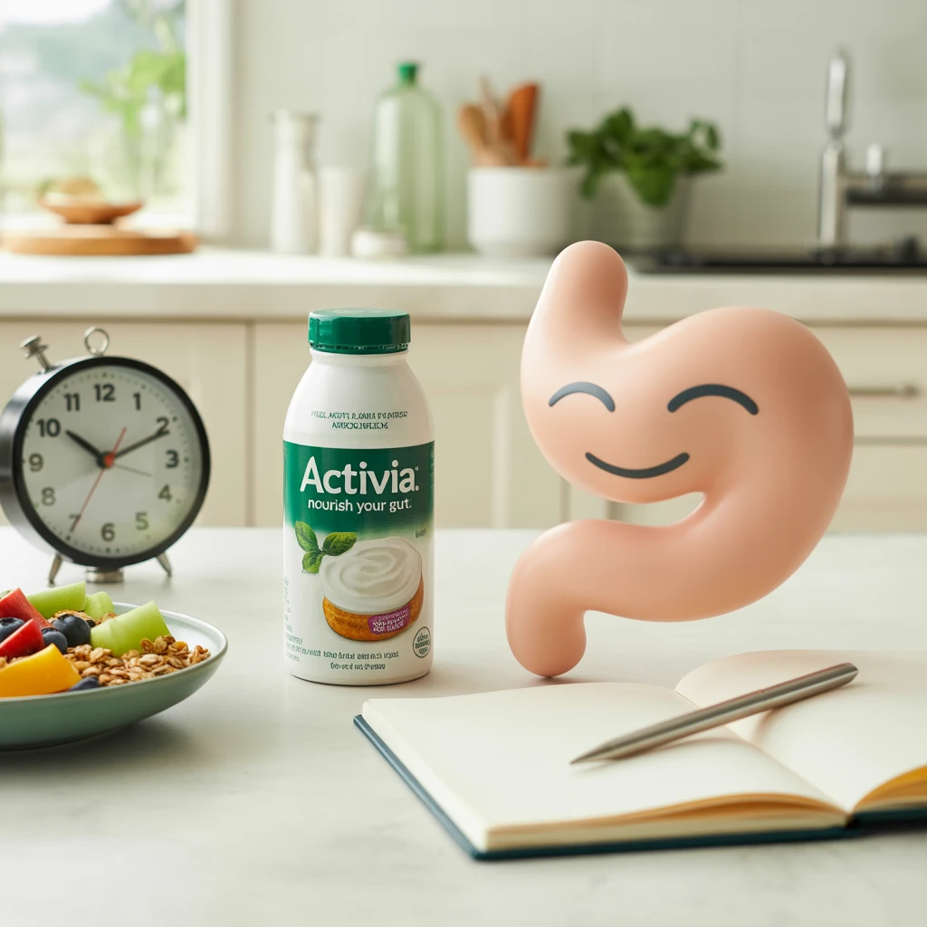 Activia probiotic drink bottle next to a smiling cartoon gut, clock, and fruit bowl in a bright kitchen