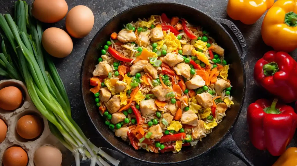 Overhead view of homemade healthy chicken fried rice with lean chicken, peas, carrots, and bell peppers in a cast-iron wok, surrounded by fresh eggs and scallions
