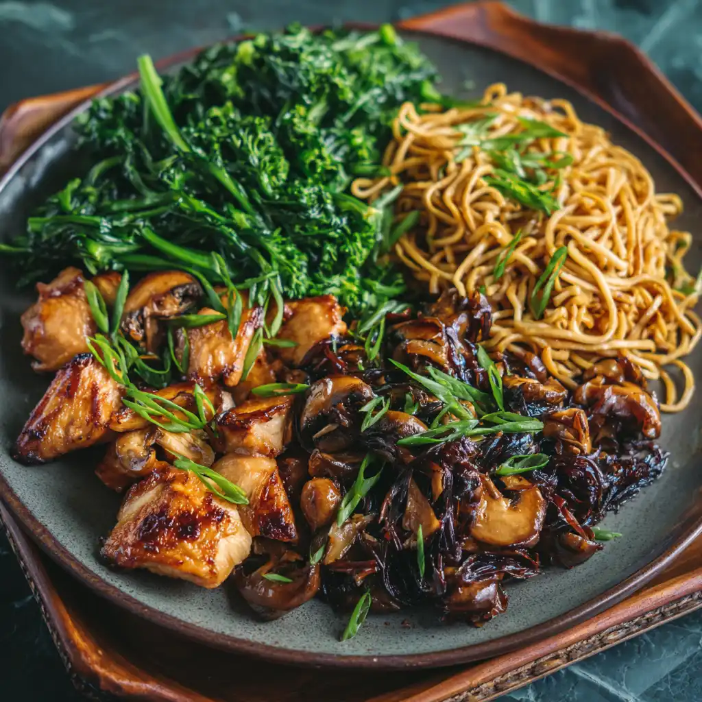 Plate with Panda Express Mushroom Chicken, sautéed mushrooms, garlicky greens, and lo mein noodles topped with green onions