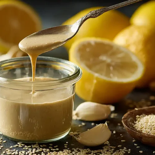 Creamy tahini sauce being poured into a jar