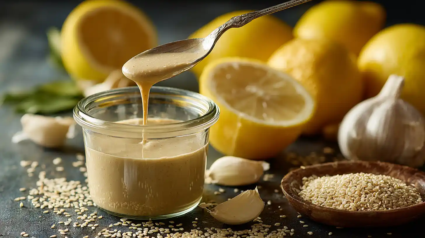 Velvety creamy tahini sauce in a small bowl, drizzled over grain bowl with fresh veggies