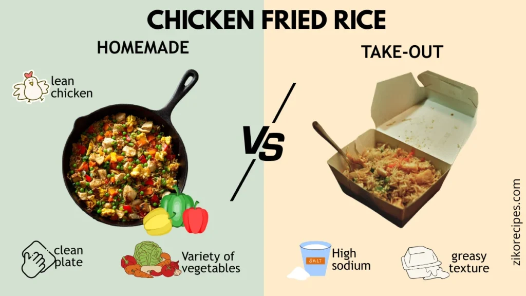 Split-screen infographic comparing homemade chicken fried rice in a cast-iron skillet - lean chicken, colorful vegetables, clean plate - to oily take-out fried rice in a carton with high sodium and greasy texture