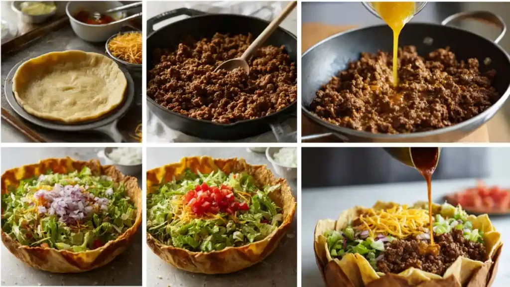 Step-by-step visuals showing how to make a taco salad bowl.