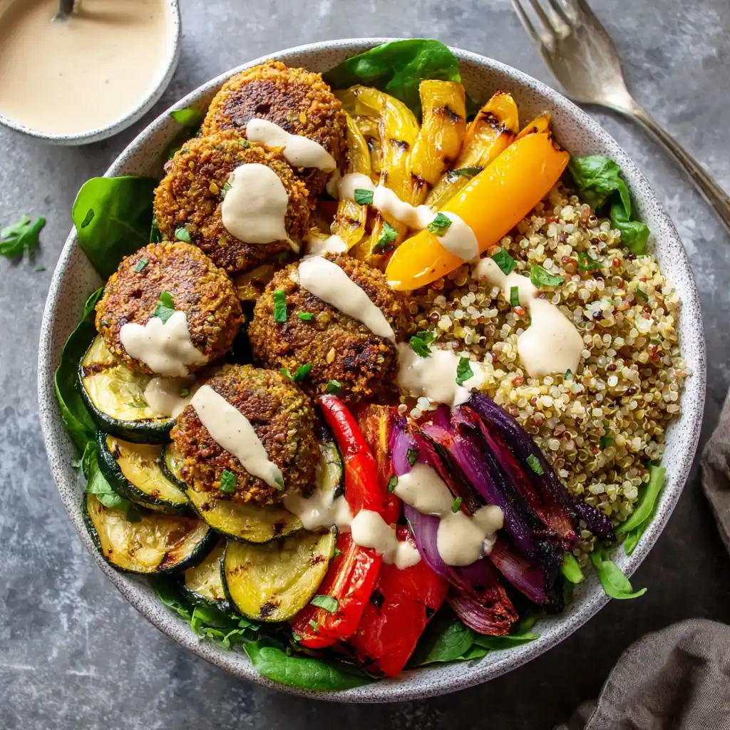 Grain bowl with falafel and tahini dressing