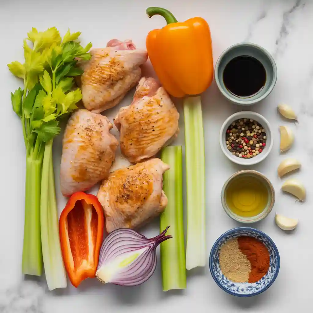Flat lay of black pepper chicken ingredients