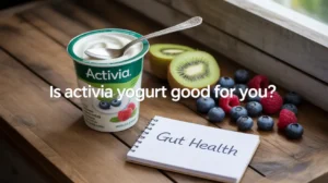 Cup of Activia yogurt with spoon, fresh kiwi, berries, and a notepad labeled "Gut Health" on a wooden table.