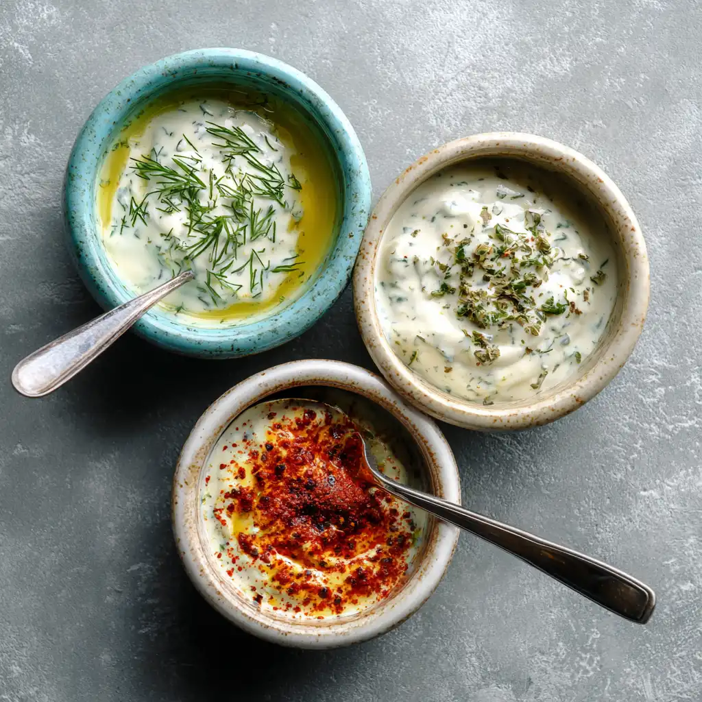 Three yogurt dressing flavors in separate bowls.