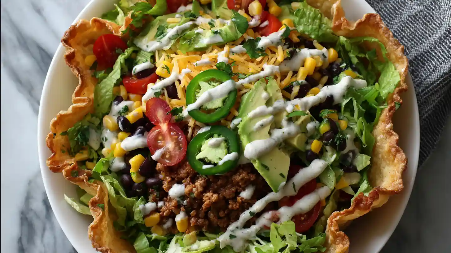 Overhead view of a taco salad bowl in a tortilla shell with fresh toppings.