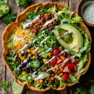 Overhead view of a taco salad bowl in a tortilla shell with fresh toppings.