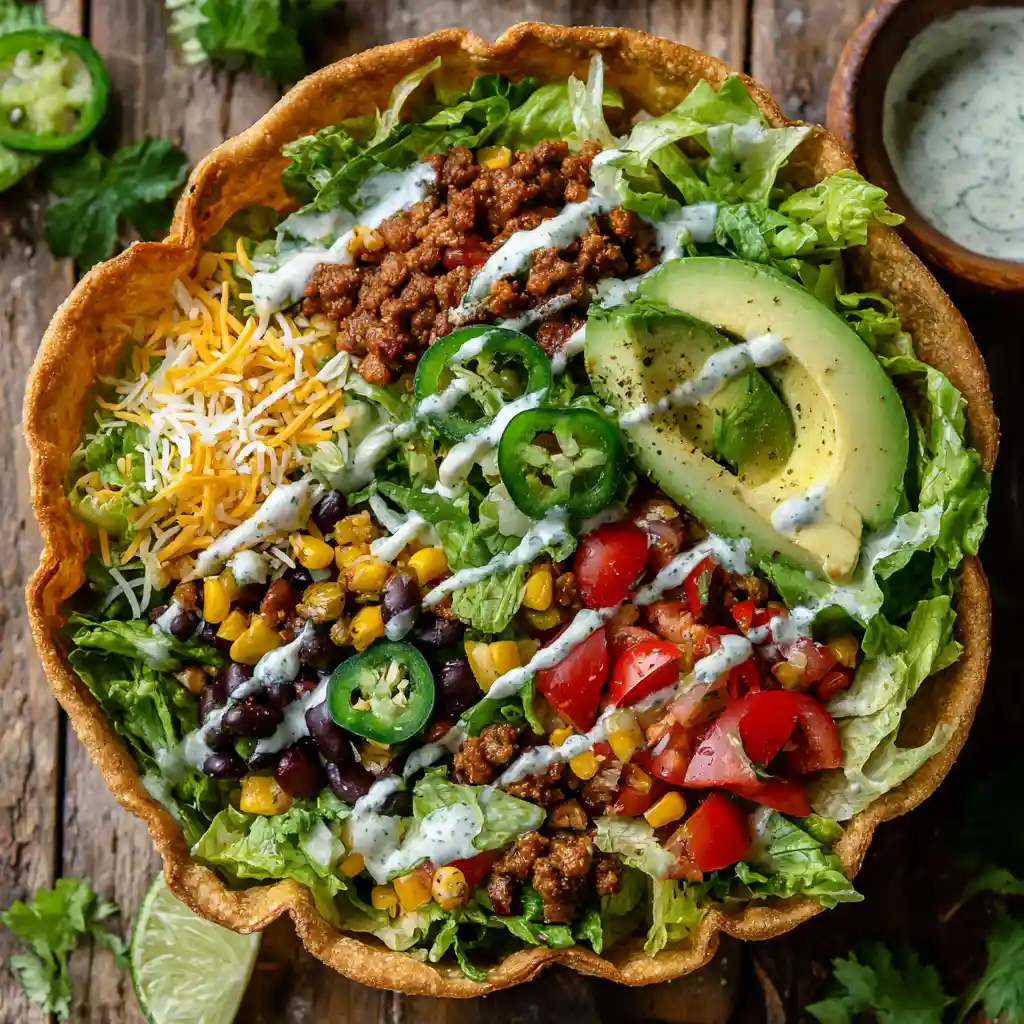 Overhead view of a taco salad bowl in a tortilla shell with fresh toppings.