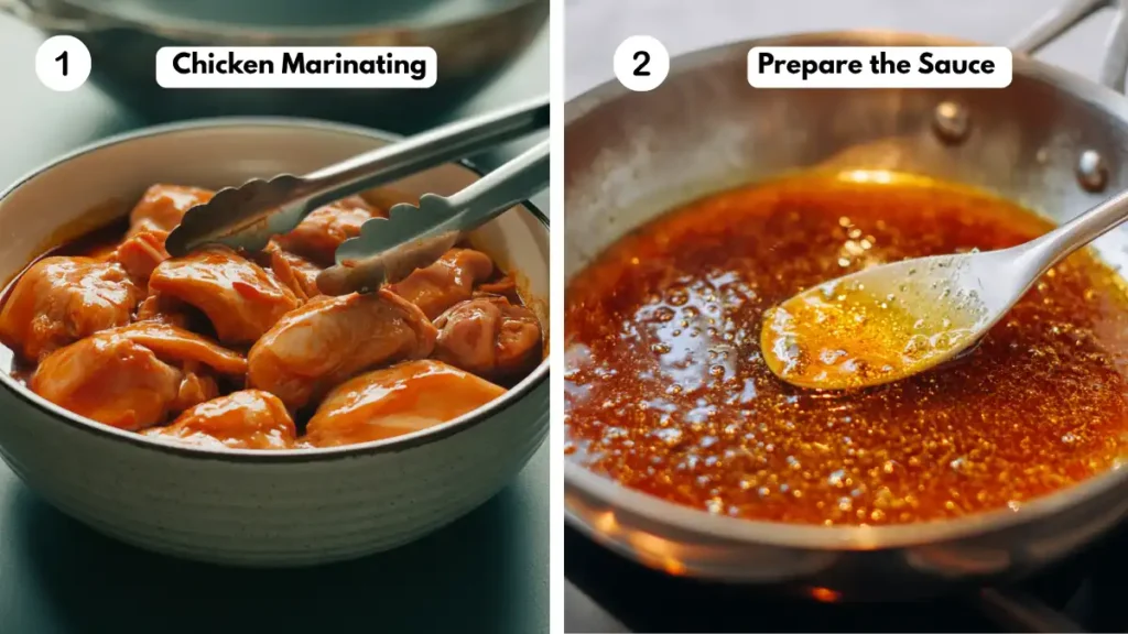 Side-by-side images of chicken marinating in soy-based mixture and a bubbling stir-fry sauce in a skillet