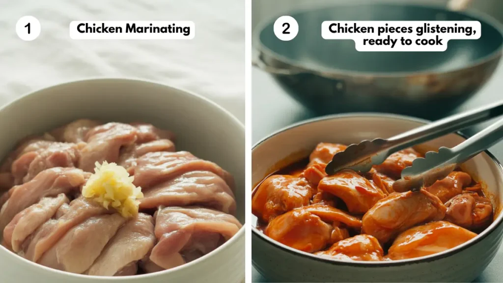 Step-by-step of raw chicken marinating and coated chicken ready to cook for Panda Express string bean chicken copycat recipe