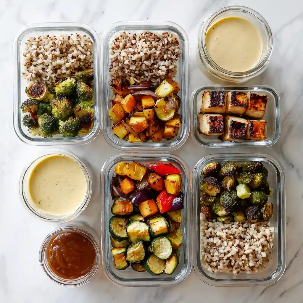 Meal-prep containers with roasted veggie grain bowls and tahini sauce.