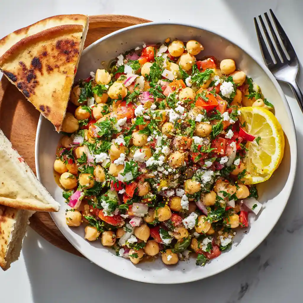 A ready-to-serve bowl of Mediterranean chickpea salad with garnishes.